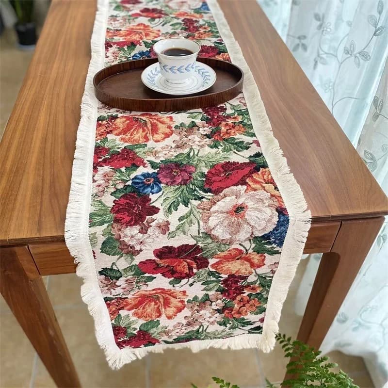 Vintage európai stílusú pamut-linen keverék asztali futó virágmintával