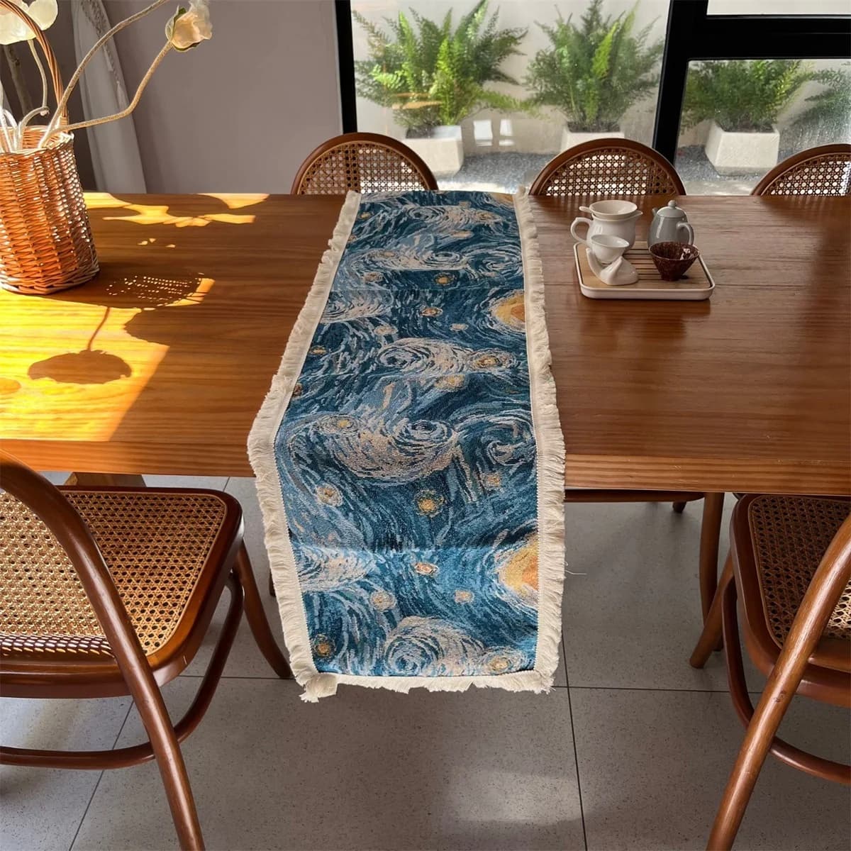 Van Gogh stílusú asztalfutó pamut keverék dekoratív textil
