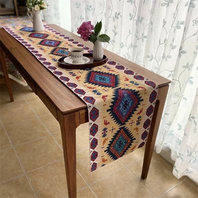 Geometrikus pamut-linen asztali futó étkezéshez és fotózáshoz