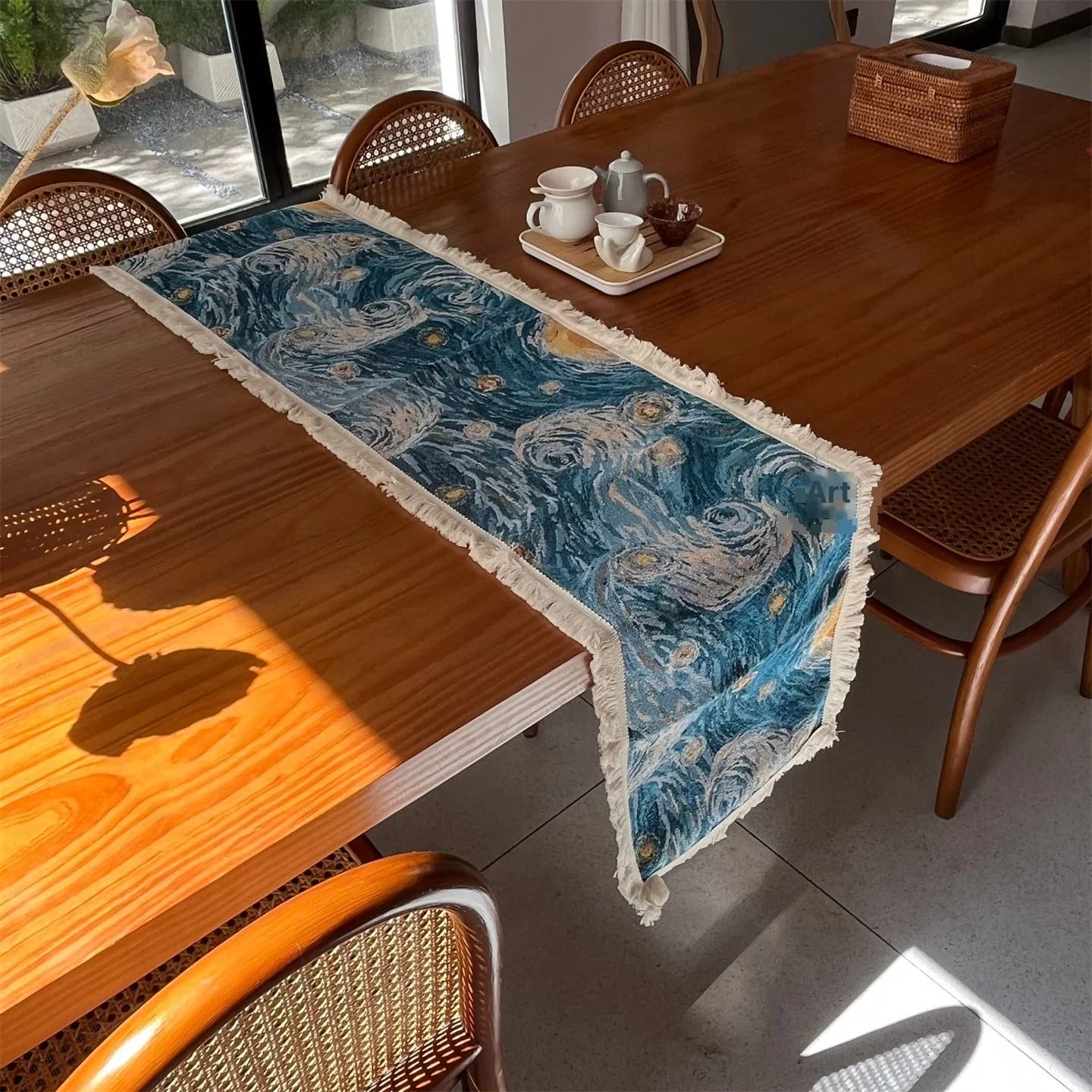 Van Gogh Csillagos éj stílusú asztali futó, pamutkeverék dekoratív szövet