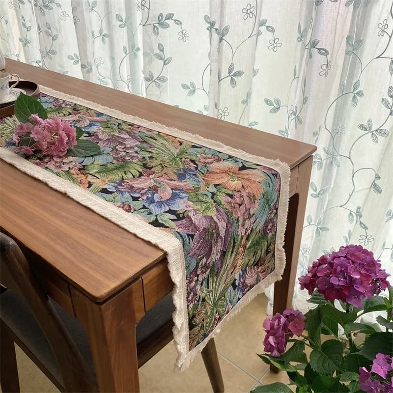 Virágos asztalfutó pamut-linen keverék dekor étkezőasztalra