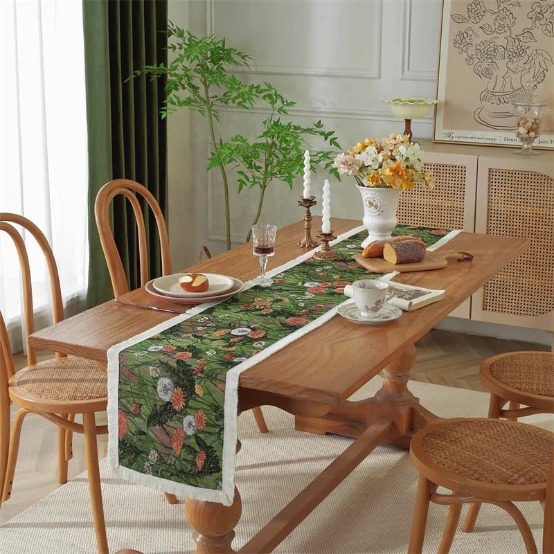 Jacquard asztali futó, pamut keverék, virágmintás